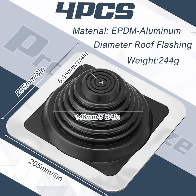 Yaocom #3 Metal Roof Vent Boot Chimney Flashing Roof Jack Pipe Vent for Pipe Diameters 1/4-5-3/4 Sleeve Square Base Epdm Stove(4 Pcs,8 Inch) - Image 2